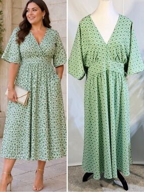 NWT Alexia Admor Green Geo V-Neck Midi Dress Plus Size 2X🧡